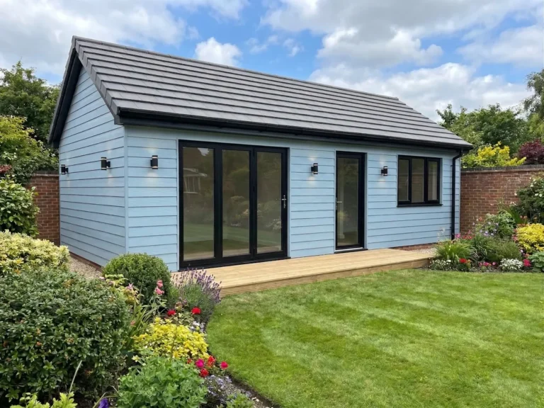 A beautiful garden view of the Beaumont annexe in sky blue cladding with black uPVC windows and doors. Set in an English suburban garden.