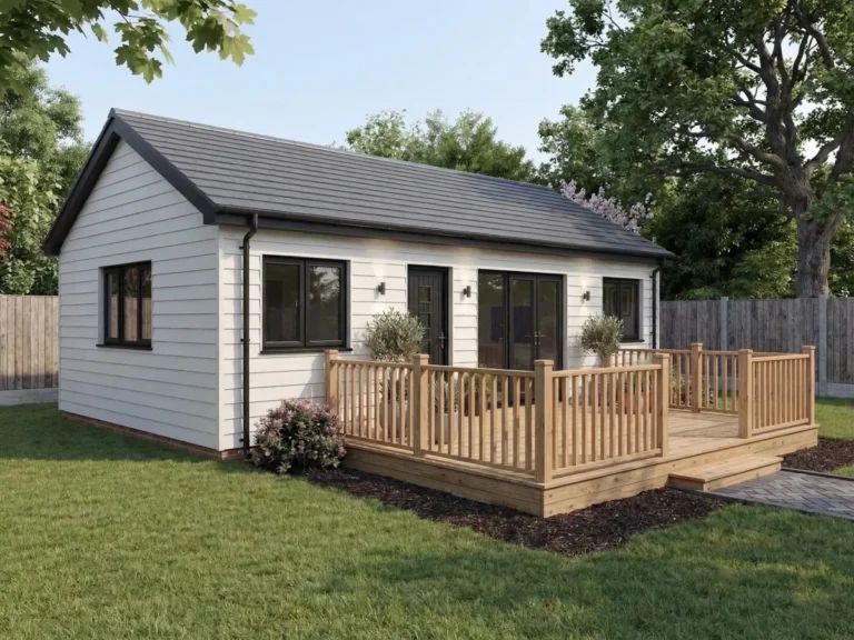 Exterior garden view of the Kensington granny annexe with white composite cladding and a tiled roof. The building has a timber decking area.