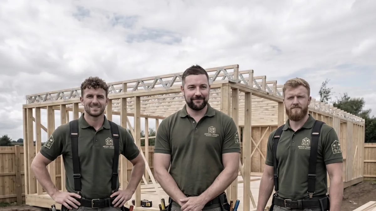 The Artisan Annexe Team stand for a photo in front of an annexe during construction.