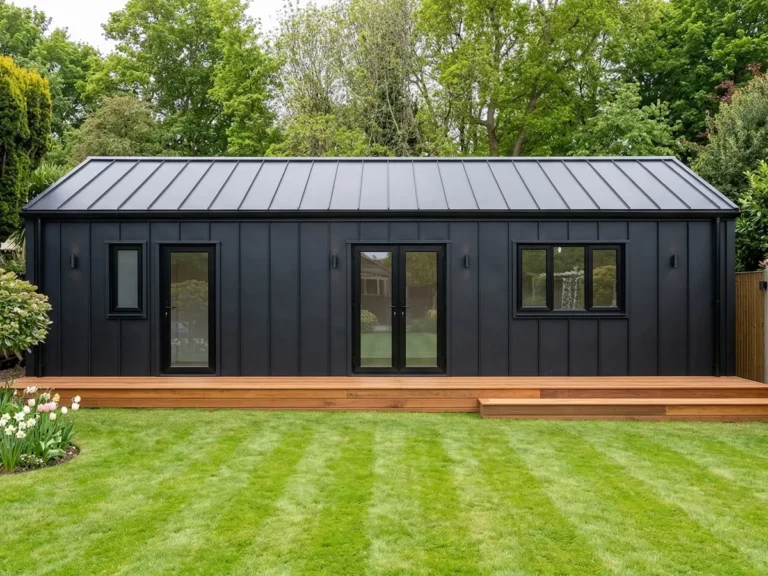 External view of The Blenheim annexe with pitched roof, clad with black cladco raised seam metal wall and roof cladding with integrated guttering system.