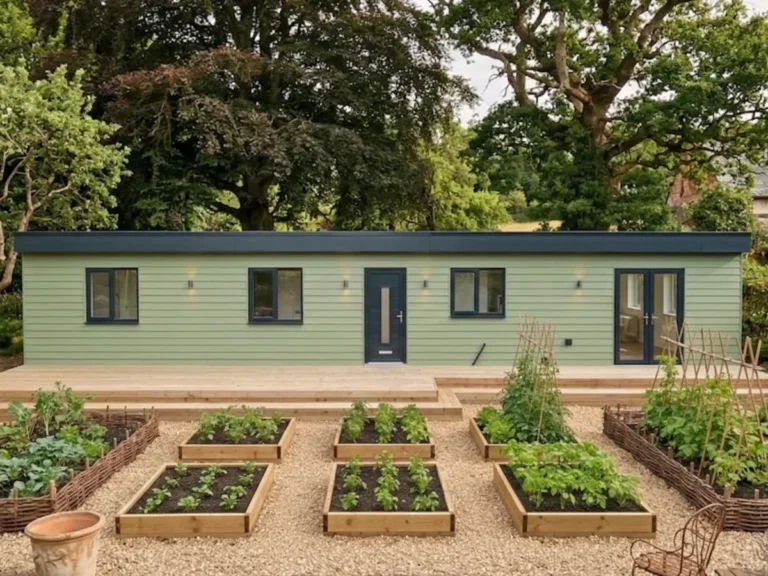 The Buckingham 2 bedroom annexe in tea-green cement-fibre cladding with a flat roof. Surrounded by large trees in a large suburban garden.