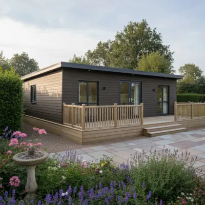 A brown clad garden annexe building.