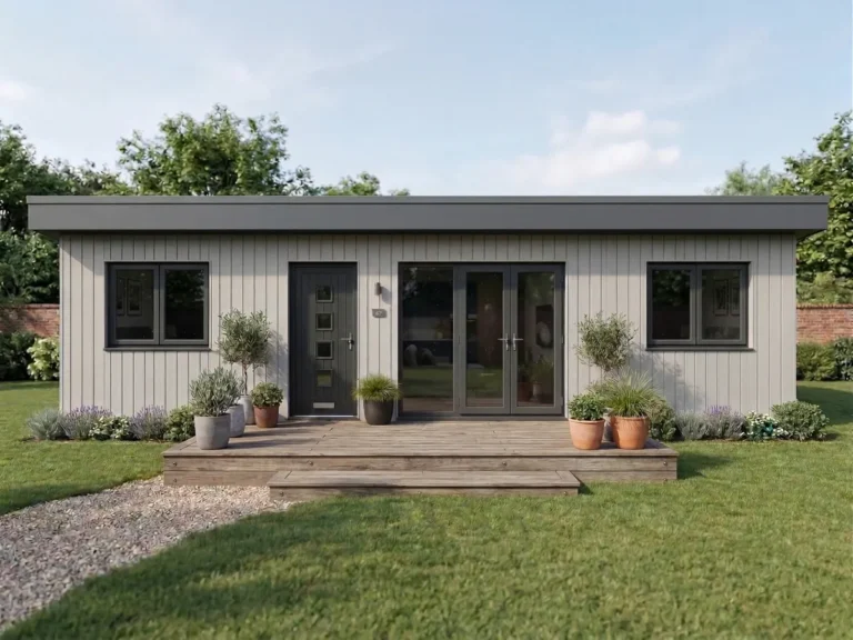 Front external view of the richmond with light grey cement-fibre cladding and a flat EDPM roof.