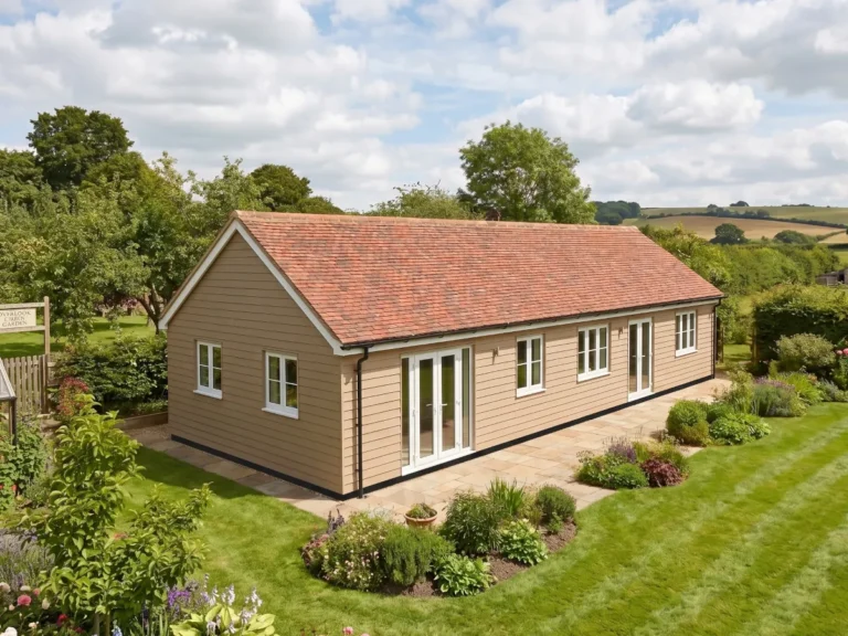 Exterior view of the Westminster garden annexe structure with pitched, tiled roof. Set in an English rural garden.