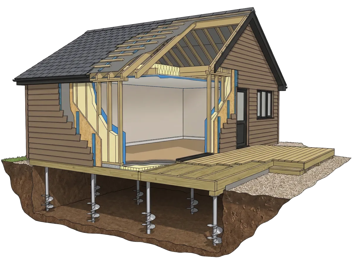 Cross section of a garden annexe showing the ground screw foundations.